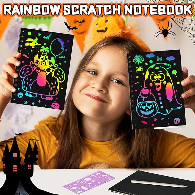 Halloween Party Favors for Kids: 24 Pack Halloween Scratch Art Notebook Students Classroom Gifts Bulk for Girls Boys Goodie Bags Stuffers, Return Gifts for Birthday Party Favors Bulk