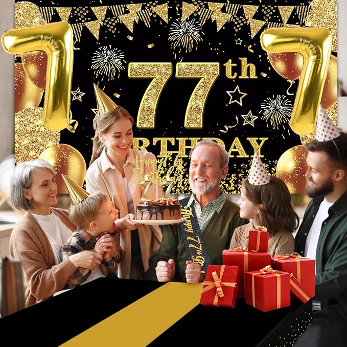 77th Birthday Decorations Men Women with 77th Birthday Banner, Black and Gold Table Cloth, Number Balloons, Sash, Cake Topper and Candles