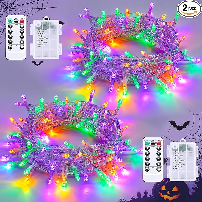 QITONG 2 Pack Battery Operated Halloween Lights, Each 33ft 100 LED Purple Orange and Green String Lights Outdoor Waterproof with Remote, Clear Wire Christmas Twinkle Lights with 8 Modes Indoor