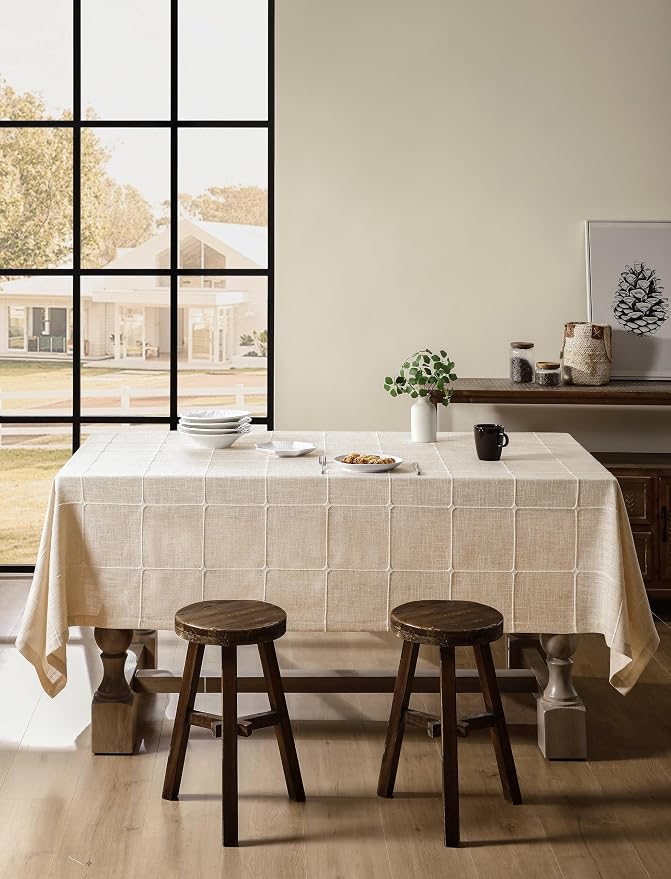 ZeeMart Grid Embroidered Hemmed Tablecloths, Light Tan 60x60 Inch, Farmhouse Style Heavy Weight Cotton Linen Light Beige Tablecloths, Boho Plaid Water Resistant Square Table Cloth