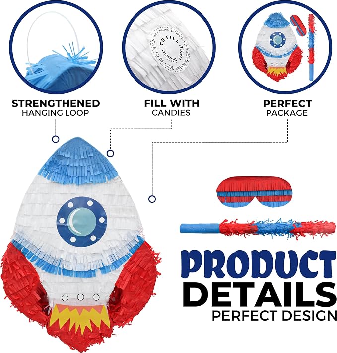 Rocket Pinatas Bundle with a Blindfold and Bat(16.5x11.4x4 Inches), Perfect for Boy's Birthday Party Supplies, Space Theme Birthday, Decoration for Kids Party