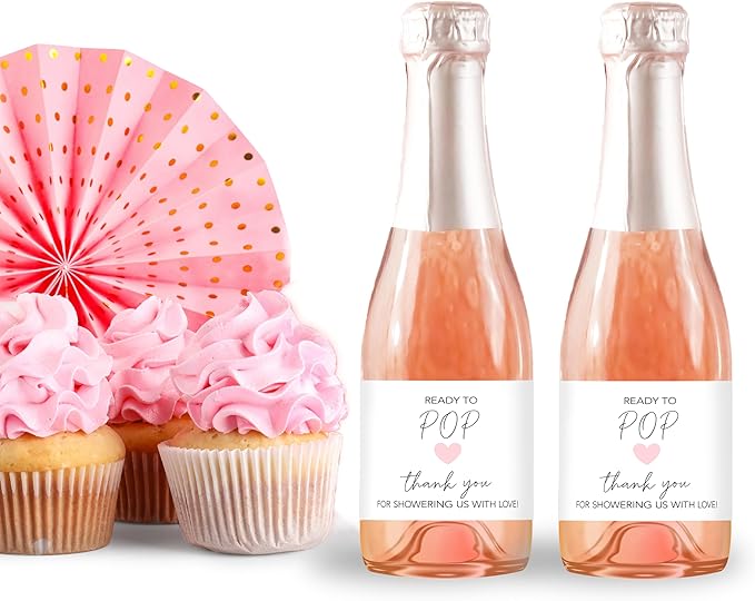 It’s a Girl Mini Champagne Bottle Labels ● Set of 12 ● She’s Ready to POP Baby Shower Favor Label, About to POP Thank You Favors, Pink Baby Shower Gender Reveal Stickers Waterproof (Heart)