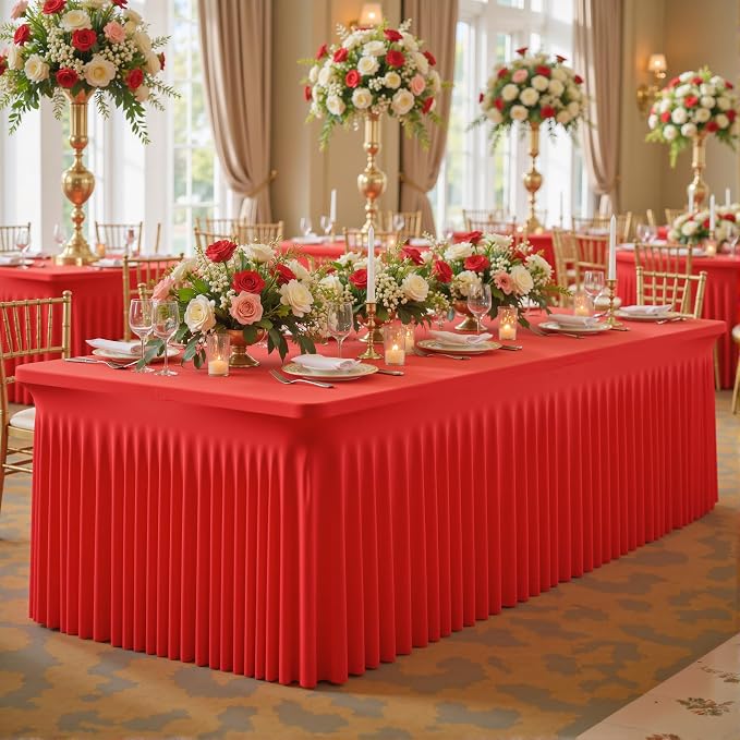 gogoparti 4 Pack Spandex Red Fitted Table Cloth for 8ft Rectangle Tables Red Stretch Tablecloth Table Covers Skirt Banquet Wrinkle Free Tablecloths for Parties Wedding