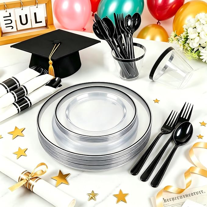 SUT 175 Pcs Black and Clear Plastic Dinnerware Set for 25 Guests, Include: 25 Dinner Plates, 25 Dessert Plates, 25 Pre Rolled Napkins With Silverware, 25 Cups, Disposable Plates for Party