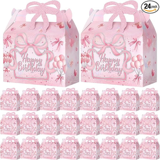 24 Pcs Pink Bow Birthday Gift Boxes with Handle, Coquette Cajas Para Dulces De Cumpleaños, Foldable Candy Treat Bags Party Favors for Girls Birthday Goodie Bags Baby Shower Bachelorette Decorations