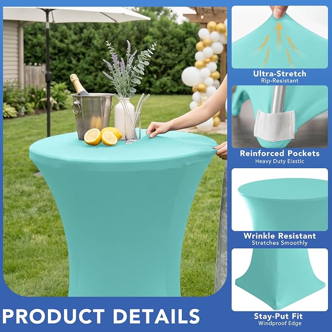 Cocktail Table Covers-Spandex Round High Top Table Cloths 6 Pack 32x43 Inch-Aqua Blue Stretch Fitted Bar Tall Tablecloth for Pub Bistro Highboy Party Banquet Height Folding Satnding Tables