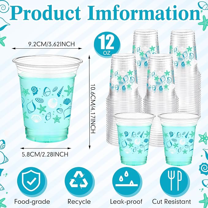 Funnymoom 60 Pack Seashell Beach Plastic Cups 12 oz Summer Beach Starfish Disposable Clear Beverage Drinking Cups for Sea Ocean Pool Birthday Bridal Wedding Baby Shower Party Decoration Supplies