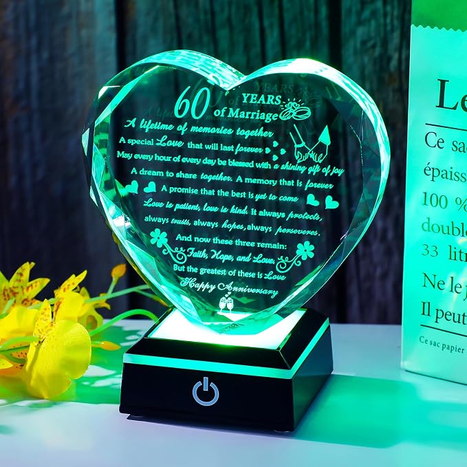 60th Wedding Anniversary Crystal Gifts for Parents Couples with LED Base Heart Happy 60th Anniversary Keepsake Gift for Husband Wife 60 Years of Marriage Gifts for Her Him