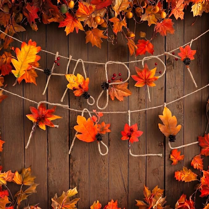 Norme 2 Pcs Happy Fall Party Decorations Happy Fall Maple Leaves Banner with Hemp Rope Metal 3D Wrought Iron Autumn Garland Rustic Thanksgiving Hanging Sign for Home Porch Fireplace Decor Supplies