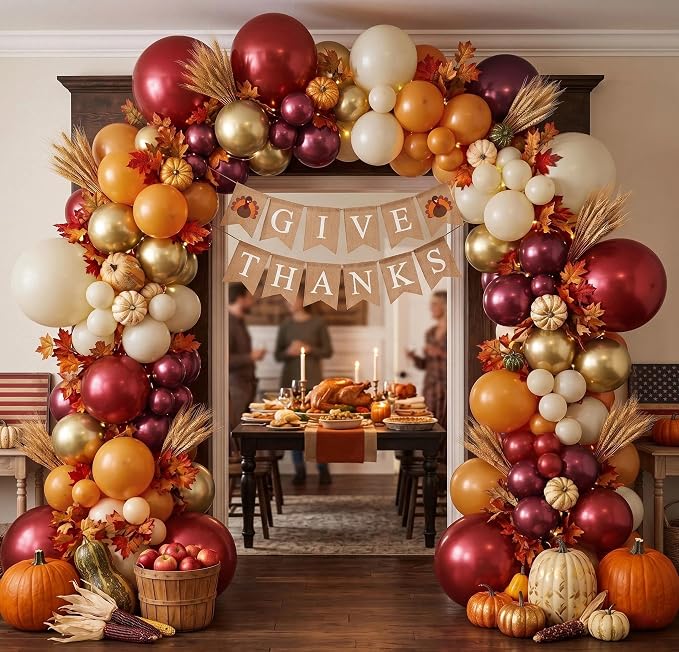 Burgundy Burnt Orange Balloon Arch Kit - Retro Boho Fall Balloon Garland with Metallic Gold Cream for Autumn Fall Harvest Thanksgiving Birthday Baby Shower Party Decorations