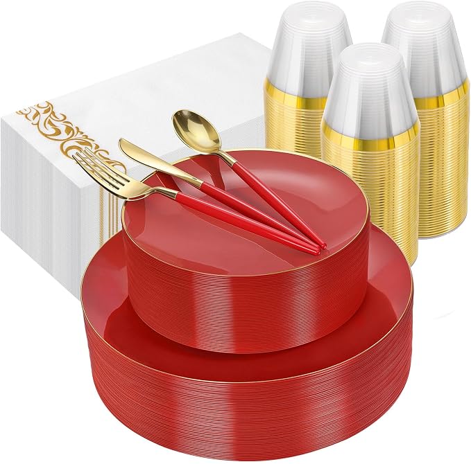 350 PCS Red Plastic Dinnerware Set, Red and Gold Rim Disposable Plates for Party, Include 100 Plates with 150 Plastic Cutlery, 50 Napkins and 50 Cups