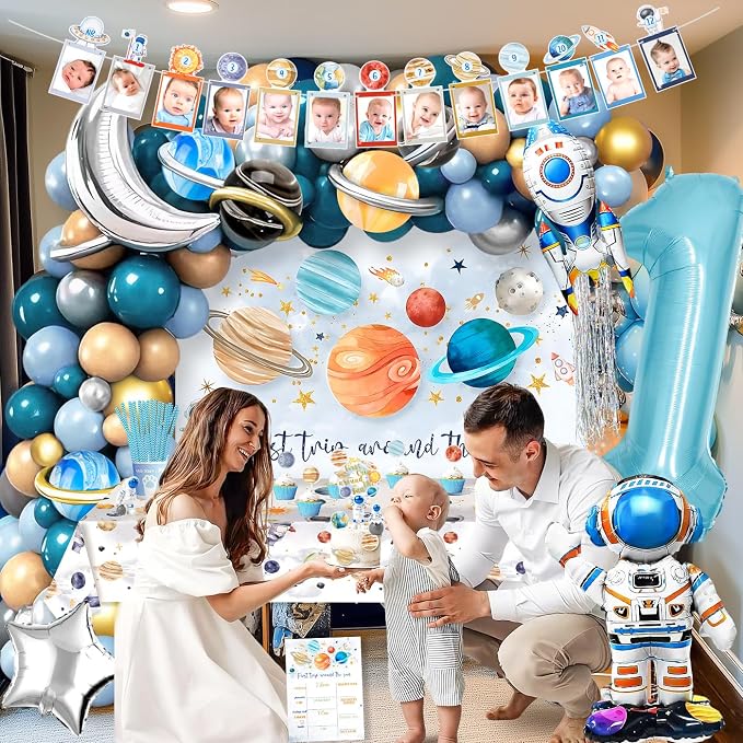 MOVINPE First Trip Around The Sun Birthday Party Decorations for Boy, Baby Boy 1st Birthday Party Supplies Outer Space Theme Birthday Decor, Solar System Astronaut Rocket Balloons Backdrop Party Decor