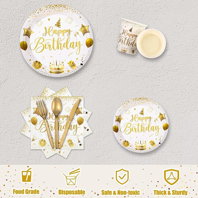 Vesici 171 Pcs Happy Birthday Party Supplies 24 Set Disposable Party Tableware include Plates Cups Napkins Cutlery and Banner Tablecloth Birthday Dinner Decorations for Men Woman(White, Gold)