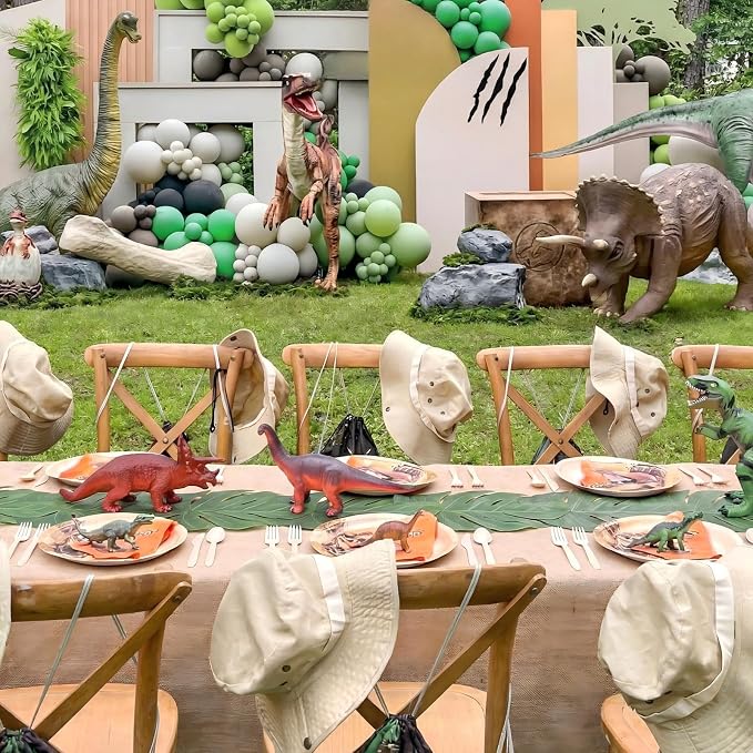Moukeren 2 Pcs Jungle Dinosaur Party Decorations Set Artificial Palm Leaves Table Runner 70" x 11" and Large Burlap Tablecloth 105" x 53.9" Tropical Party Supplies for Birthday Jungle Hawaiian