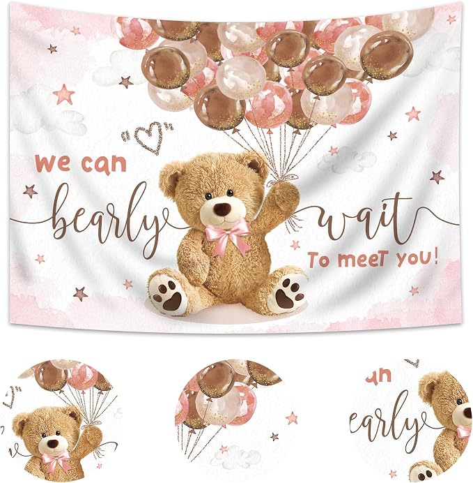 We Can Bearly Wait Backdrop 8Wx6H Feet Bear Baby Shower Girls Pink Brown Balloons Cartoon Cute Clouds Stars Polyester Fabric Newborn Photography Backgrounds Photo Shoot Decor Props Decoration