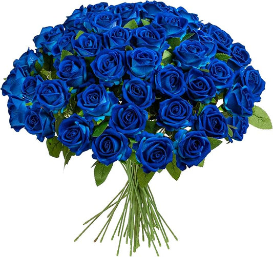 Artificial Flowers Roses Touch Fake Rose Bouquet Flower Stem for Wedding Centerpieces DIY Wreath Home Decorations Silk Roses Mothers Party Fake Outdoor Flowers Decor 19.6"(50PCS Blue)
