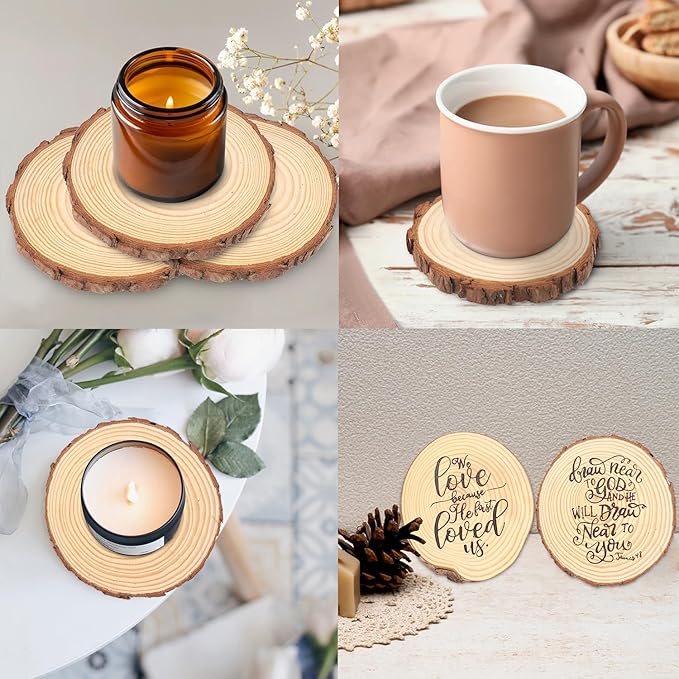 50 PCS 4-4.7 Inch Natural Wood Slices, Unfinished Pine Wood Circles with Barks for Coasters, DIY Crafts, Christmas Rustic Wedding Ornaments and Centerpieces,by GNIEMCKIN.