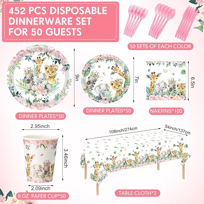 Funnymoom 452 Pcs Safari Birthday Party Supplies Include Jungle Theme Paper Plates Napkins Cups Tablecloth Cutlery Straws for Animal Safari Jungle Wild Birthday Baby Shower Party Decorations