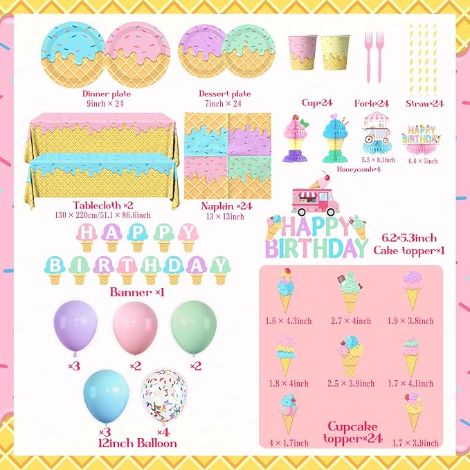 Ice Cream Birthday Party Decorations for Girl, 190Pcs Ice Cream Party Supplies Plates Napkins Tablecloth Banner Balloons Table Centerpieces for Kids Summer Birthday Ice Cream Party Decor, Serves 24