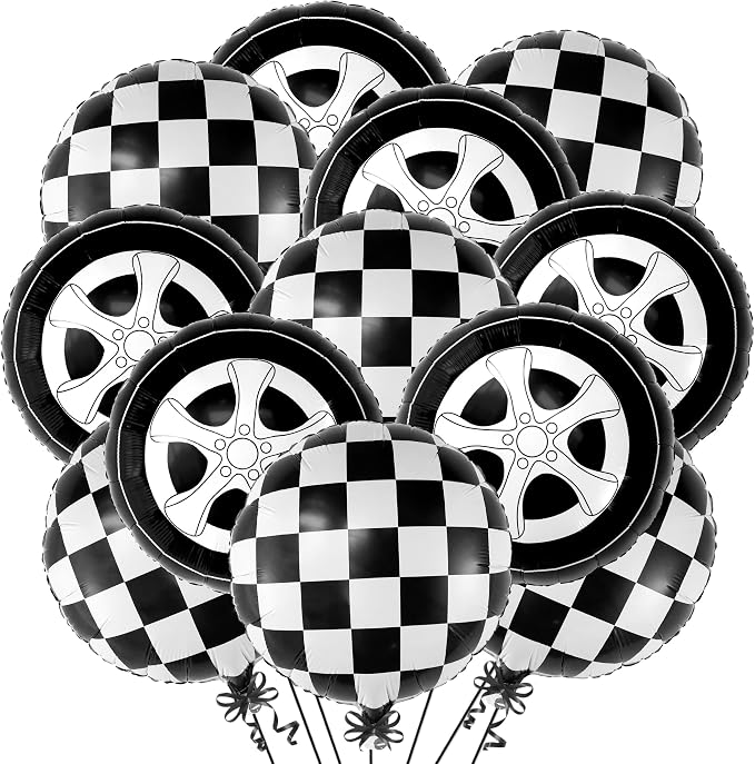 KatchOn, Huge Tire Balloons and Checkered Balloons - 18 Inch, Pack of 12 | Two Fast Two Curious Birthday Decorations | Tire Balloon, Two Fast Birthday Decorations | Race Car Birthday Party Decorations