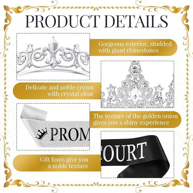 Saintrygo 12 Pcs Prom Crown and Sash Set, Prom King and Queen Tiara Rhinestone Crown Glitter Court Royal Satin Sash for 2026 Graduation Ball Dance Night Party Birthday Accessory(Silver,Classic)