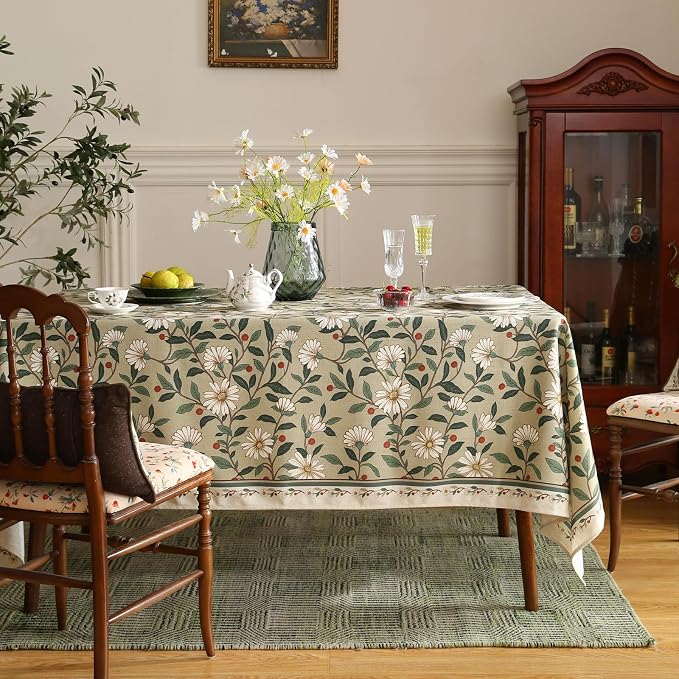 ISAENNE Designer Vintage Linen Green Rectangular Tablecloth,102"x63"-Brune | French Elegant Table Cloth Rectangle Table,Floral Pattern,Heavyweight,Decor,Dining Room,Tea Party,Kitchen,Thanksgiving