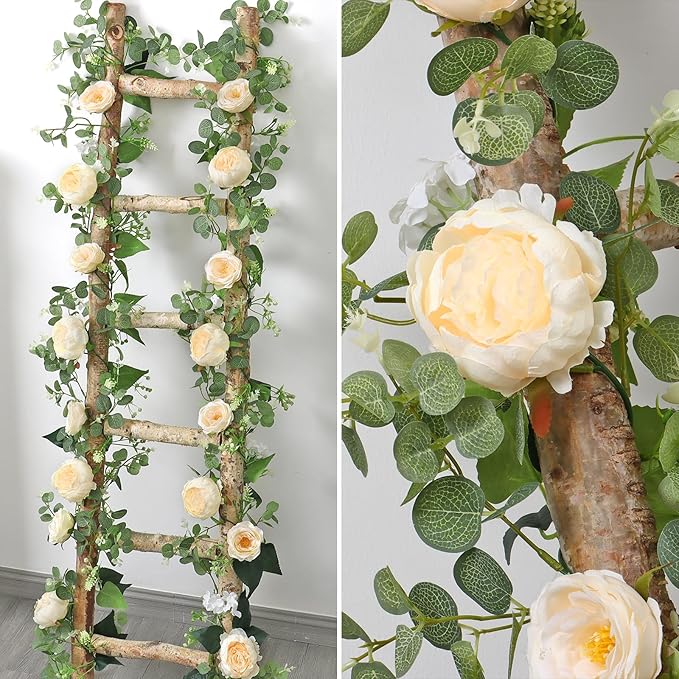 Betylifoy 2 Pack 12Ft Champagne Flower Garland Artificial Eucalyptus Flower Garlands Fake Peony Rose Floral Vines Hanging Hydrangea Flowers Faux Greenery Garland for Wedding Party Table Backdrop Decor