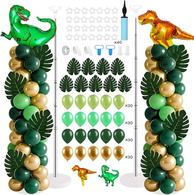 2 Sets Dinosaur Balloon Column Stand Kits Adjustable Green Gold Balloons Column Kit with Monstera Jungle Dinosaur Themed Tower Stand Kit for Dinosaurs Birthday Kids Baby Shower Party Supplies