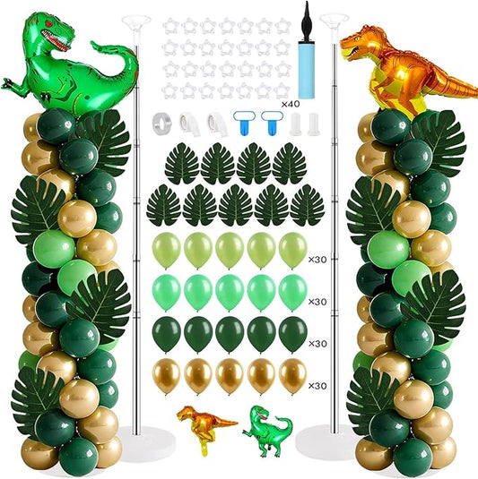 2 Sets Dinosaur Balloon Column Stand Kits Adjustable Green Gold Balloons Column Kit with Monstera Jungle Dinosaur Themed Tower Stand Kit for Dinosaurs Birthday Kids Baby Shower Party Supplies