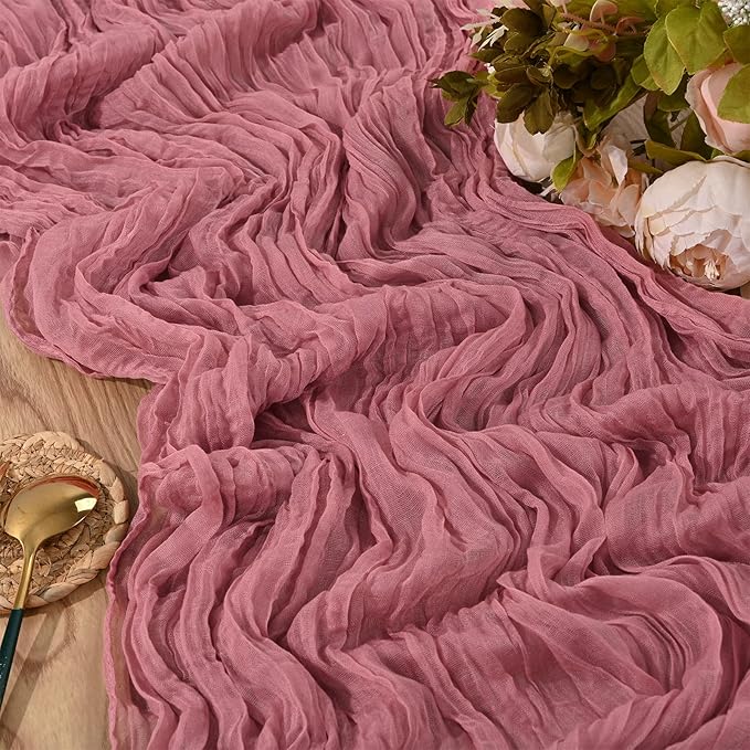 5 Packs Rustic Boho Table Runner, 35" x 120" Gauze Fabric in Dusty Rose for Wedding, Party & Shower Decor