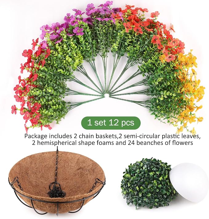AGIRL 2 Set Artificial Hanging Flowers with Baskets for Outdoors,UV Resistant Fake Hanging Plants for Outdoor Porch Patio Garden, Realistic Silk Flowers for Spring Summer Home Decor