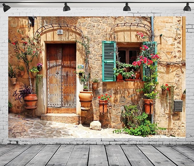 5x3ft Fabric Italy Street Backdrop Tuscany Medieval Town Street Stone Wall Window Photography Background for Italian Theme Party Decorations Wedding Birthday Photo Booth Props