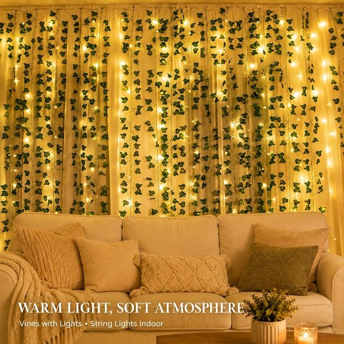 Vines with Lights for Dorm Room, 200 LED Fairy Curtain Lights with Ivy Vines,Warm White Fairy String Lights for Bedroom, 6.5 ft x 6.5 ft, USB Powered with Remote Control and 8 Modes for Bedroom Decor
