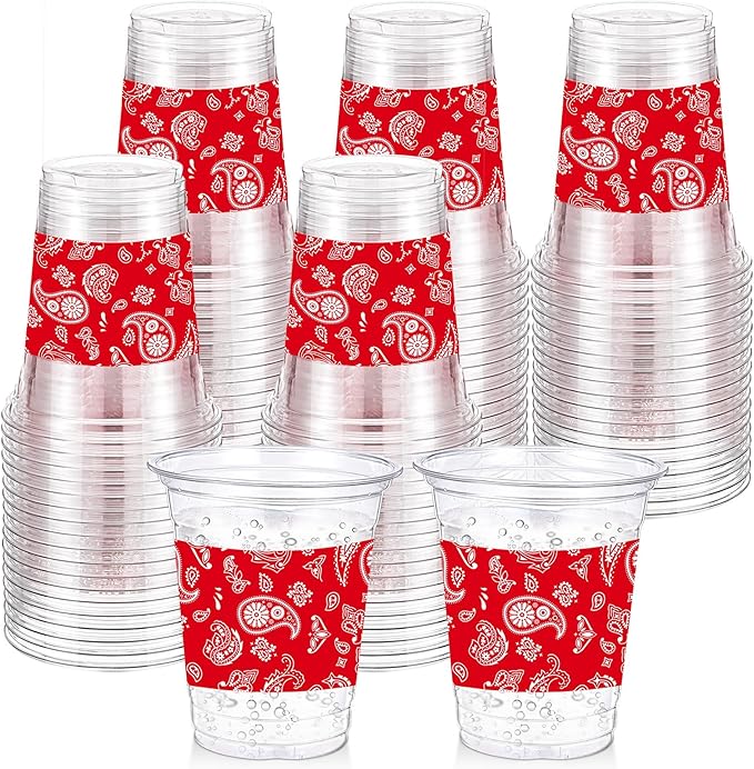 Funnymoom 60 Pack Western Cowboy Cups 12 oz Red Bandana Disposable Clear Plastic Cups for Western Cowboy Birthday Party Decoration Supplies