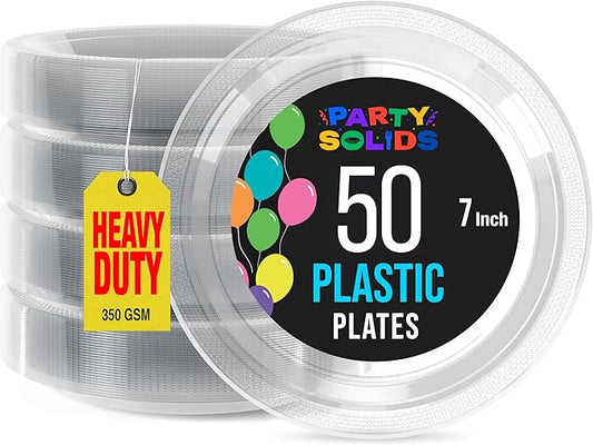 Exquisite Party Solids Clear Plastic Plates For Party Supplies 7" Clear Disposable Plates Heavy Duty 50 Pcs Plastic Dinnerware Sets Heavy Duty 350 GSM Disposable Dinnerware Set