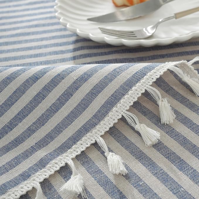 meioro Striped Tablecloth Rectangle Tablecloths Cotton Blend Table Cloth Washable Tabletop Decorative Fabric Table Cover for Kitchen Dinning (Blue, 60 x 84 Inch)