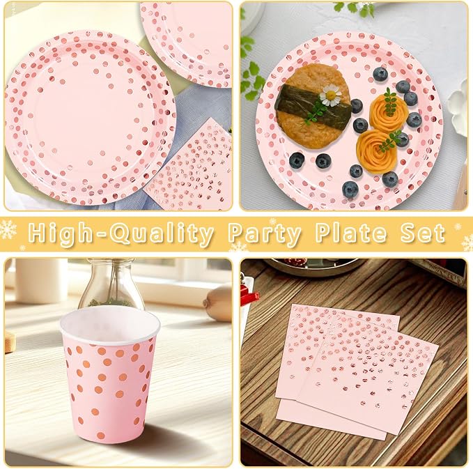 Nkaiso 193 Pcs Pink and Rosegold Paper Plates and Napkins Party Supplies Sets Include Pink Party Plate Cup Napkin Plastic Cutlery for Baby Shower, Wedding, Birthday Decoration -24 Guest