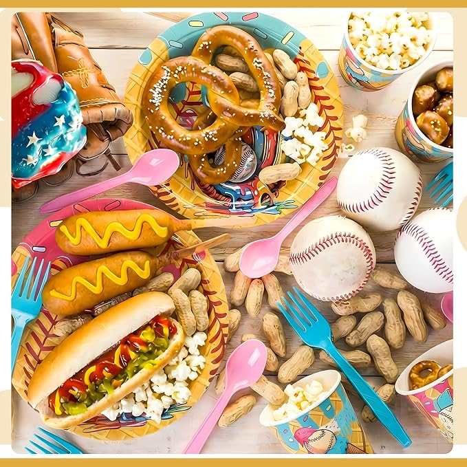 FoldTier 350 Pcs Ice Cream Drip Baseball Birthday Party Decorations Set Ice Cream Paper Plates Napkins Fork Set Disposable Fairy Tableware Decorations Supplies for Baby Shower Dinner Serves 50