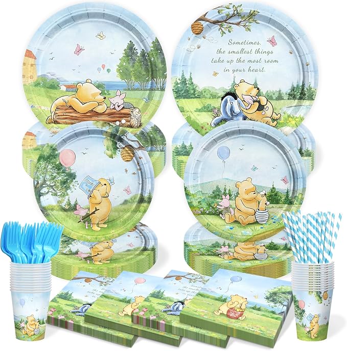 300 Pcs Winnie Bear Baby Shower Plates and Napkins Tableware Set, Plates Napkins Cups Straws and Forks Sets, Winnie Baby Shower Decorations Birthday Party Supplies, Serves 50 Guests