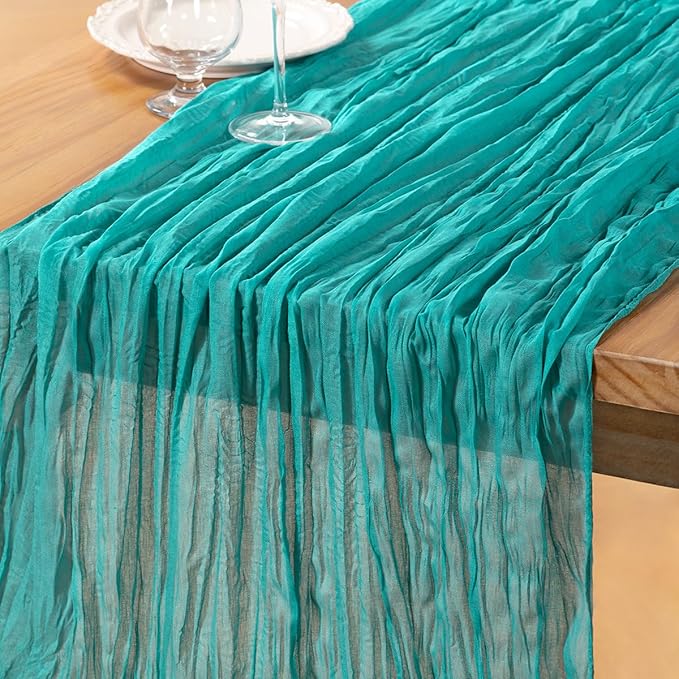 DeZerlor Teal Green Cheesecloth Table Runner Spring Easter Table Runner Boho Gauze 120 Inches Turquoise Cheese Cloth Table Decor for Wedding Bridal Baby Shower Parties
