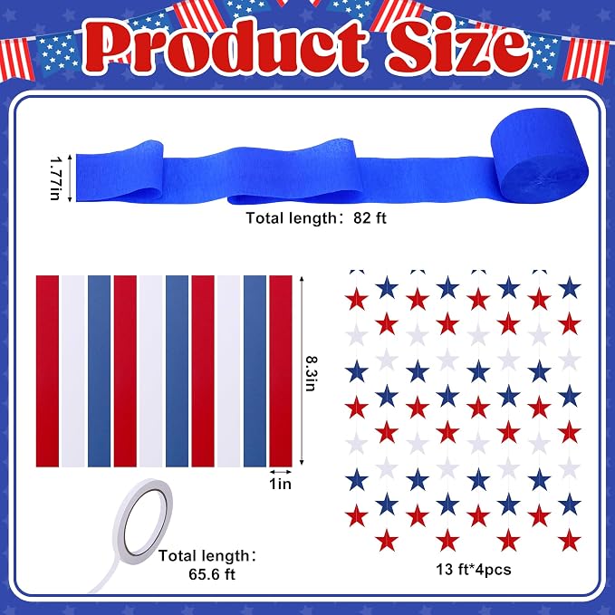 700 Sheet 4th of July Paper Chain Strips Set, 52 ft Red White Blue Star Garland Decor, 492 ft Patriotic Crepe Paper Streamers for DIY Crafts Memorial Day American Theme Party