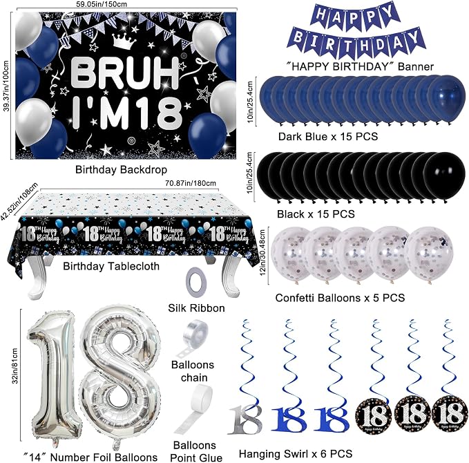18th Birthday Decorations for Boys & Girls, 54 PCS Blue Black Party Decorations, 18 Year Old Boy Birthday Party Supplie with Banner Backdrop, Hanging Swirls, Tablecloth, Bruh I'm 18 Party Supplies