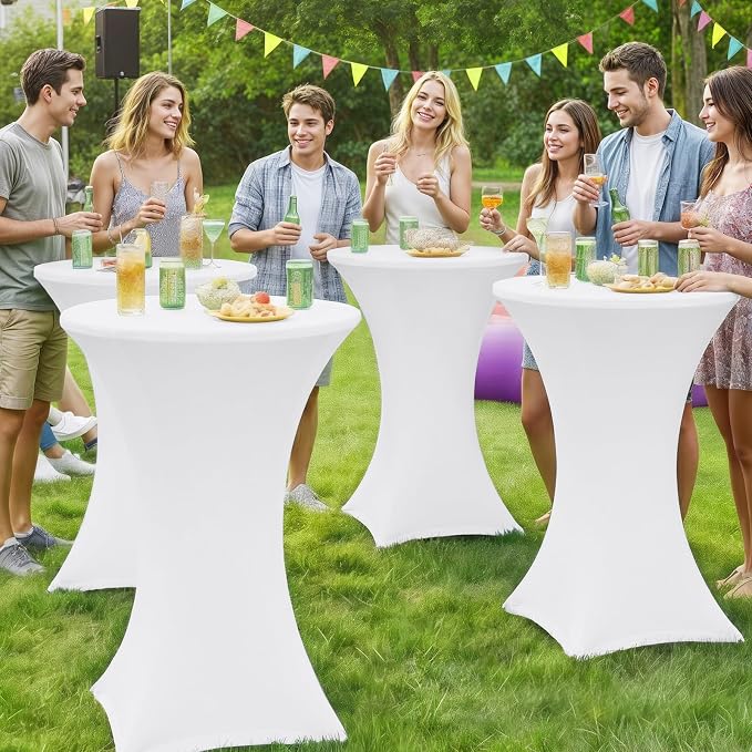 Moosfor Spandex Cocktail Table Covers 2 Pack, Elastic Fitted Stretch Table Cloth, Round High Top Tablecloths for Bar, Party, Pub, Wedding & Banquet (White, 32x43 Inch)