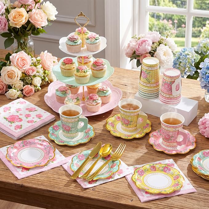 Layhit 83 Pcs Disposable Tea Party Set with 3 Tier Cake Stand Vintage Floral Paper Cups Plates Napkins Cutlery for Women Girls Birthday Baby Shower Bridal Shower Tea(Novel)