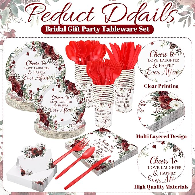 Shellwei 410 Pcs Rose Floral Wedding Paper Plates and Napkins Disposable Cheers to Love Tableware Set Red Floral Bridal Shower Party Supplies with Cups Knives Forks Spoons Seat Cards for 50 Guests