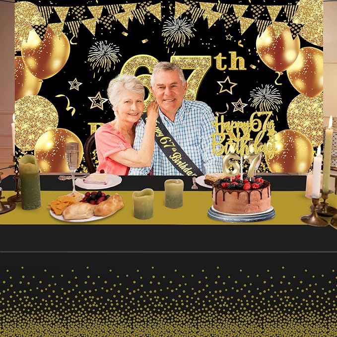 67th Birthday Decorations Men Women with 67th Birthday Banner, Black and Gold Table Cloth, Number Balloons, Sash, Cake Topper and Candles