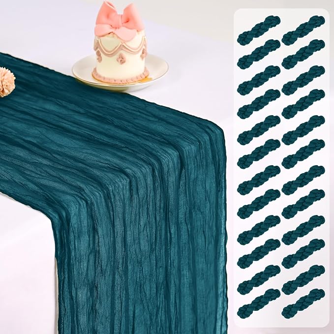 Pesonlook 24 Pack Cheesecloth Table Runner,Teal Table Runner Long Romantic Semi Sheer Rustic Boho Gauze Table Runners for Wedding Bridal Shower Birthday Party Decorations(17.7×108 Inch)