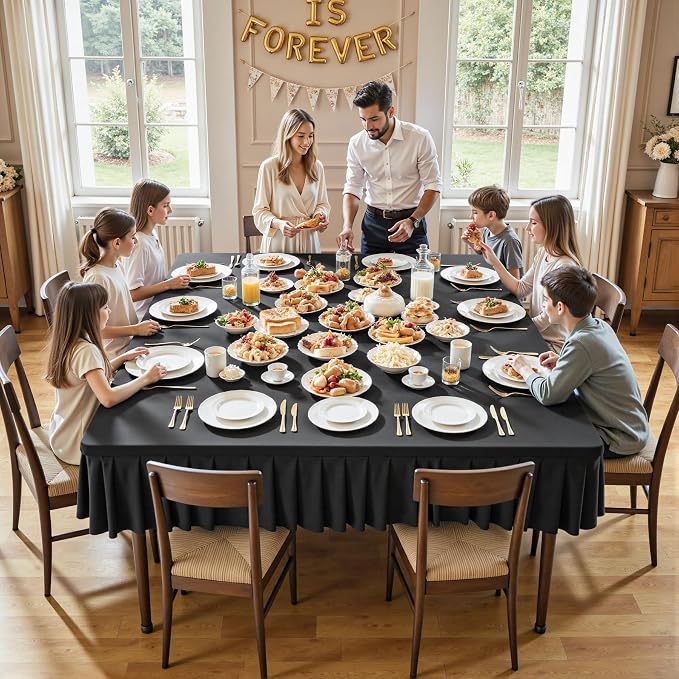 Wish Care 2 Pack Black Spandex Tablecloths for 60x60 Inch Square Tables, Stretch Fitted Table Clothes with Pleated Ruffle Skirt for 60” Table, Wrinkle Free and Elastic, for Party Kitchen Home Dining