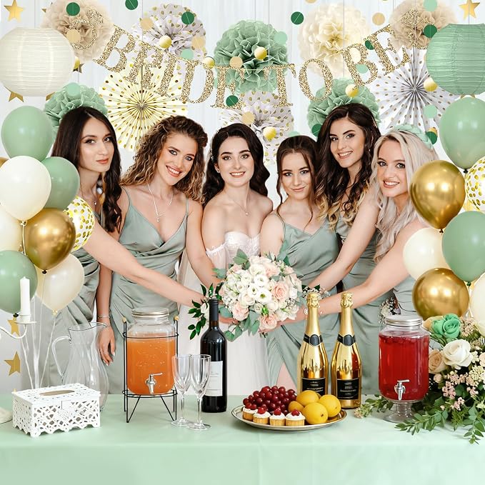 46Pcs Sage Green Bridal Shower Decorations - Boho Bachelorette Party Supplies with Bride to Be Banner, Paper Lanterns, Fans, Pom Poms & Balloons - Neutral Wedding Engagement Decor Kit