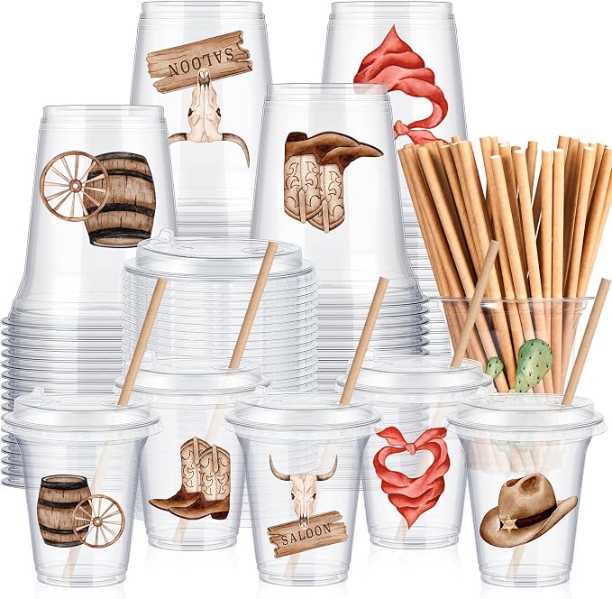 Qinyoung 60 Pcs Western Cowboy Cups with Lids and Paper Straws 14 oz Disposable Clear Plastic Cups for Home Birthday Party Favor Supplies Western Cowboy Decorations